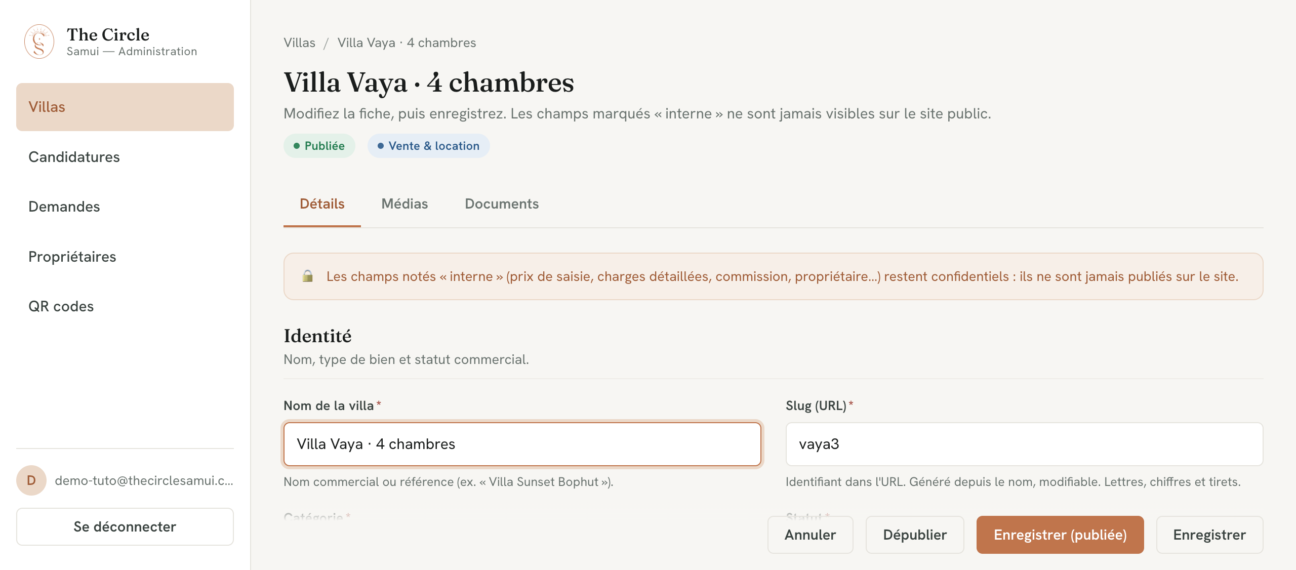 Édition d’une fiche villa